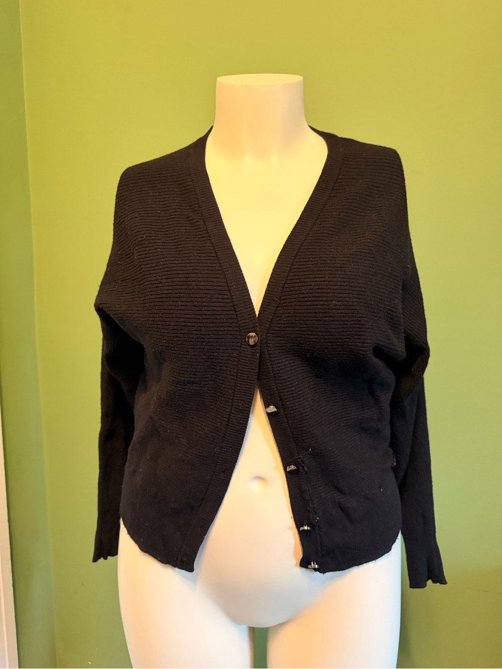 Tahari Black Ribbed V-Neck Button-Front Cardigan